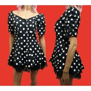 Y2K  Polka Dot Mini Dress Lace Trim Size S Puff Sleeves Button Front Coquette